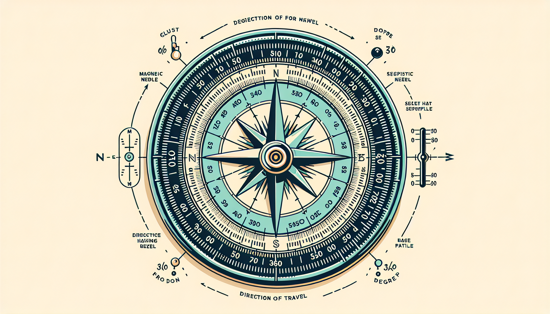 Compass parts diagram showing needle, bezel, baseplate and markings